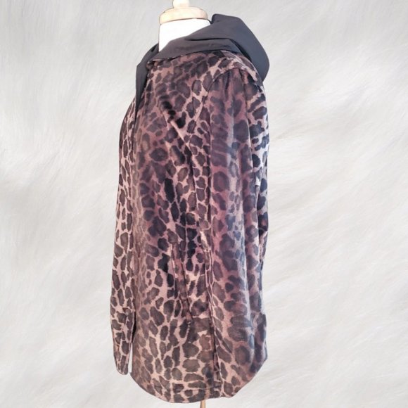 REVERSIBLE Black and Faux Fur Leopard Print Mid-Length Hooded Coat Jacket Size S - Picture 5 of 12